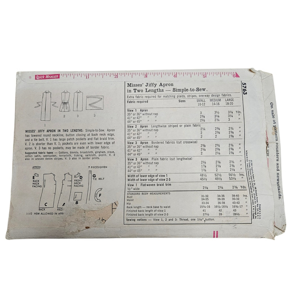 Vintage 1964 Simplicity Jiffy Apron Pattern #5763 Med 14-16 Easy Cut Easy Sew - Picture 4 of 5